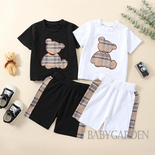 Babygarden-0-24 เดือน ชุดเสื้อผ้าเด็ก แขนสั้น คอกลม ลายสก๊อต หมี + กางเกงขาสั้น