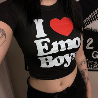 เสื้อครอปท็อปแขนสั้น พิมพ์ลาย I Love Emo สไตล์วินเทจ ฮาราจูกุ โกธิค เซ็กซี่ สําหรับผู้หญิง 2000s Y2k