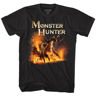 เสื้อยืดผ้าฝ้ายพิมพ์ลาย ของเล่นสัญลักษณ์ Monster Hunter Beast Erupting From Lava สําหรับผู้ชาย_03