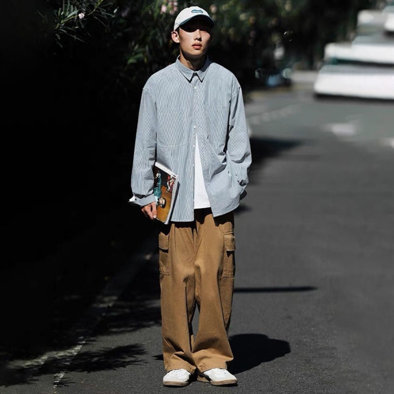 กางเกงขายาวสไตล์ญี่ปุ่นสำหรับผู้ชาย-กางเกงสแล็คหลายกระเป๋า-สไตล์ฮาราจูกุ-ins-กางเกงขากว้างทรงหลวม-กางเกงคนอ้วน