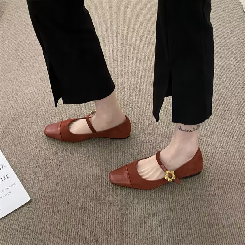 รองเท้าแมรี่เจน-ส้นแบน-ปากตื้น-พื้นนิ่ม-หัวเหลี่ยม-สไตล์ฝรั่งเศส-แฟชั่นแฟรี่-สําหรับผู้หญิง-2023