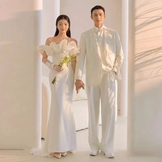 ชุดแต่งงานที่เรียบง่าย ใหม่ ซาติน แฟชั่น เจ้าสาว สนามหญ้า ชายหาด ภาพท่องเที่ยว ฮันนีมูน ชุดเดรสสีขาว