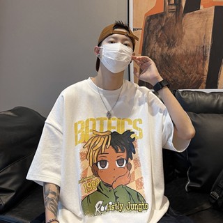 เสื้อยืดแขนสั้นลายการ์ตูนผู้ชายฤดูร้อนสไตล์อเมริกันย้อนยุคแบรนด์แฟชั่นแขนห้าส่วนหลวมฮิปฮอปชายแขนครึ่งBOY173