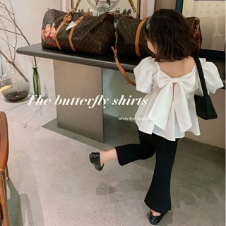 พร้อมส่ง ใหม่ ชุดเสื้อแขนสั้น แขนพัฟ ประดับโบว์ และกางเกงขากว้าง สไตล์เกาหลี และญี่ปุ่น แฟชั่นฤดูร้อน สําหรับเด็กผู้หญิง 2023