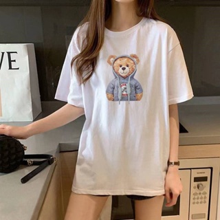♟﹉✁Womens Plus Size T-shirt Casual Cute Bear Pattern Cartoon Teddy Printed Half Sleeves Top Fashion Big Tee Short _02