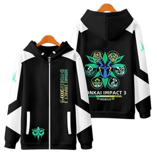 ใหม่ เสื้อกันหนาว เสื้อแจ็กเก็ต แขนยาว มีฮู้ด พิมพ์ลายอนิเมะ Honkai Impact 3 Mo Bius มีซิป ทรงหลวม สไตล์ญี่ปุ่น คอสเพลย์ แฟชั่นสําหรับผู้ชาย และผู้หญิง