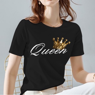 เสื้อยืดผู้หญิงWomen Tshirts Summer Queen Crown Pattern Print Female Tops Tee Casual Black and White Basis Ladies T-shir