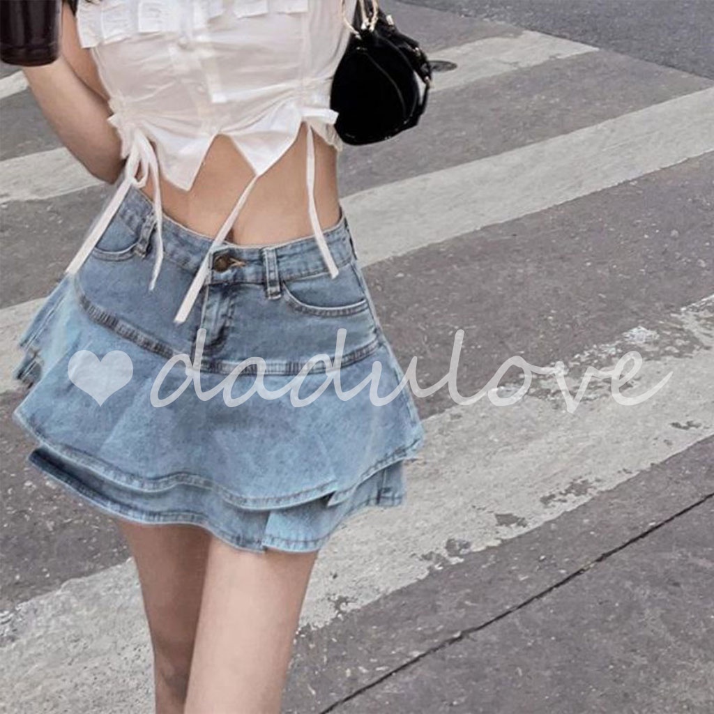 dadulove-new-korean-version-of-ins-niche-short-jeans-womens-pleated-skirt-loose-fake-two-piece-skirt