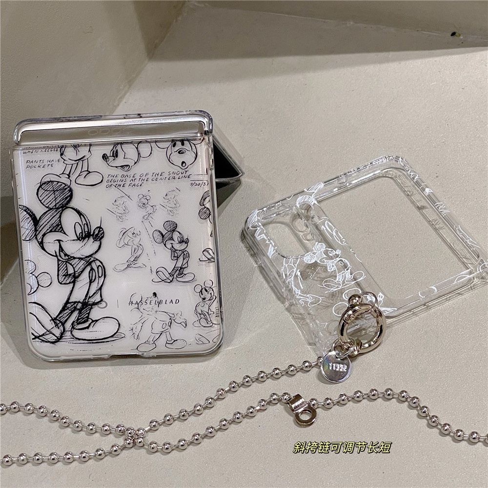 oppo-find-n2-flip-cute-cartoon-mickey-with-long-chain-hard-transparent-case-shockproof-flip-phone-back-cover