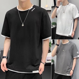 Mens Cotton Short-sleeved T-shirt Fake Two-piece Clothes