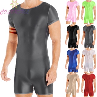 【COLORFUL】【New Products】Mens Glossy Short Sleeve Jumpsuit Stretchy Bodysuit Sport Yoga Swimming Leotard