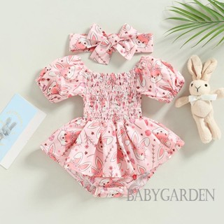 Babygarden-0-18 เดือน ชุดรอมเปอร์ แขนสั้น คอสี่เหลี่ยม พิมพ์ลายกระต่าย + ที่คาดผม สําหรับเด็กผู้หญิง