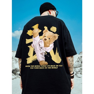 100% Cotton Mens Casual Thick T-Shirt Kungfu Teddy Bear Loose Oversized Half Sleeve Tops Tees Hip Hop Streetwear_02