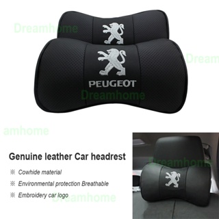 หมอนรองคอ หนังวัวแท้ ปักลายโลโก้ Peugeot สไตล์บูติก สําหรับเบาะรถยนต์ 2 ชิ้น