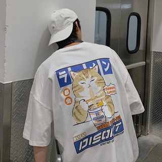 เสื้อยืดแขนสั้นลําลอง พิมพ์ลายกราฟฟิคการ์ตูนแมว ทรงหลวม ขนาดใหญ่ สไตล์ญี่ปุ่น สําหรับผู้ชาย