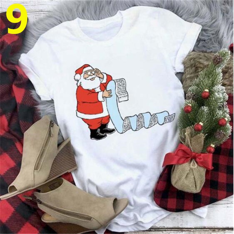 เสื้อยืดแขนสั้น-พิมพ์ลายซานตาคลอส-กวาง-คริสต์มาส-สีขาว-สําหรับผู้หญิงเสื้อยืด