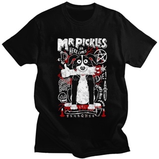 เสื้อยืดสีดำอินเทรนด์เสื้อยืดคอกลม แขนสั้น ผ้าฝ้าย แบบนิ่ม พิมพ์ลาย Mr Pickles Dog Evil Satan สําหรับผู้ชาย ผู้ใหญ่_04