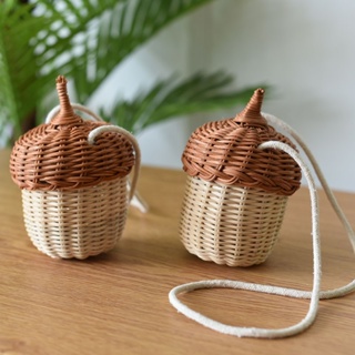 JUST STAR กระเป๋าสะพายไหล่สำหรับเด็ก Mini Rattan น่ารักตะกร้าแขวน Pine Cone Bag