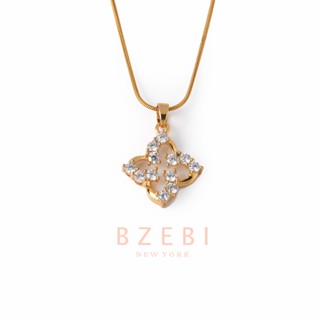 BZEBI สร้อยคอแฟชั่น โซ่ สแตนเลส ทอง จี้ ผู้หญิง ใบโคลเวอร์ เพชร ทองคํา 18k ไม่ลอกไม่ดํา เครื่องประดับ สําหรับผู้หญิง 240n