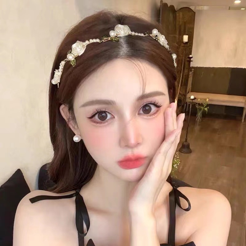 ที่คาดผม-ประดับไข่มุก-รูปดอกกุหลาบ-ใบไม้-สีเขียว-สไตล์จีน
