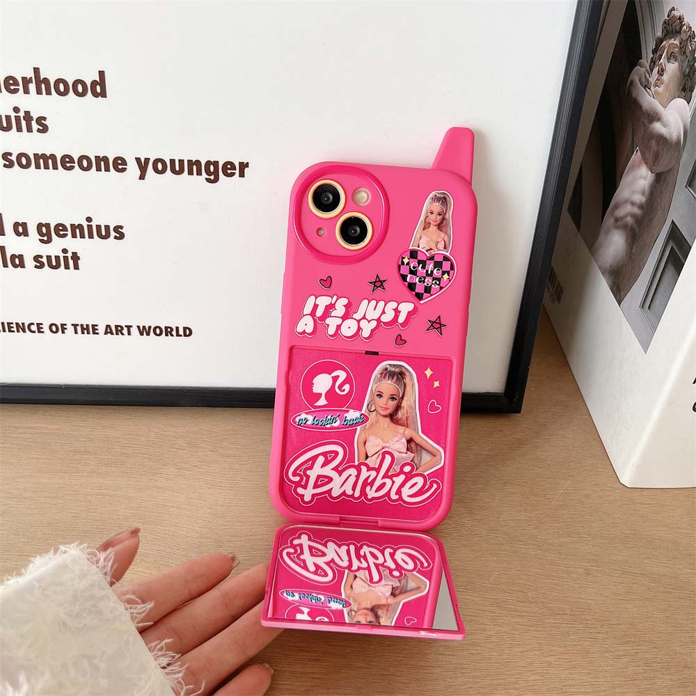 เคสโทรศัพท์มือถือนิ่ม-กันกระแทก-ลายบาร์บี้น่ารัก-พร้อมกระจกพับได้-สําหรับ-iphone-12promax-14promax-11-11promax-12pro-13-13pro-13promax-14-14pro-14plus