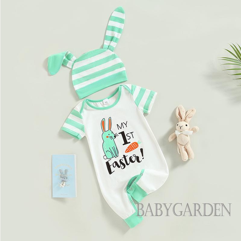 babygarden-ชุดรอมเปอร์-แขนสั้น-พิมพ์ลายกระต่ายน่ารัก-หมวกลายทาง-สําหรับเด็ก