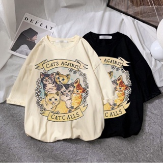 เสื้อยืด พิมพ์ลายการ์ตูนแมวน่ารัก สไตล์ฮาราจูกุ สําหรับผู้หญิง