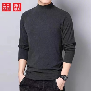 Uniqlo เสื้อยืดแขนยาว คอเต่า ผ้ากํามะหยี่ สองด้าน ให้ความอบอุ่น แฟชั่นฤดูหนาว สําหรับผู้ชาย