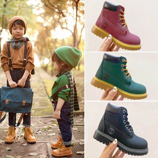 Timberland รองเท้าบูทมาร์ตินหนังสำหรับเด็ก รองเท้าบูทสั้นกันน้ำกันลื่นและทนทาน