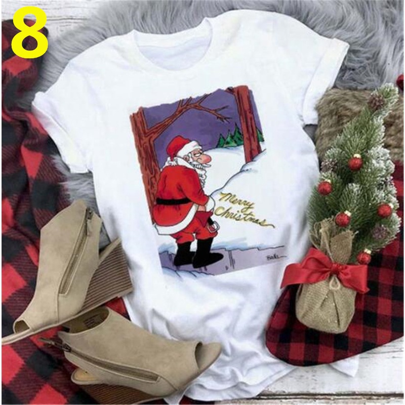 เสื้อยืดแขนสั้น-พิมพ์ลายซานตาคลอส-กวาง-คริสต์มาส-สีขาว-สําหรับผู้หญิงเสื้อยืด