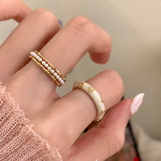 Hong Kong style minority design high-grade enamel glazed white pearl ring womens new fashion open index ring 2023