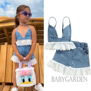 Babygarden-6m-5y ชุดเสื้อผ้า สําหรับเด็กผู้หญิง เสื้อสายเดี่ยวยีน เปิดหลัง แต่งลูกไม้ และกางเกงขาสั้น ผ้ายืด แบบลําลอง