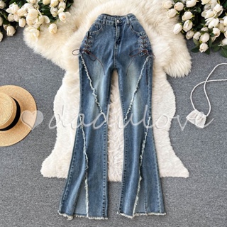 DaDulove💕 New Korean Version of Ulzzang Strappy Jeans High Waist Slim-fit Trousers Raw Edge Slit Pants