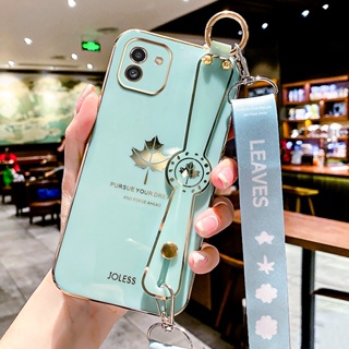 เคสโทรศัพท์มือถือ ป้องกันกล้อง ลายใบเมเปิ้ล พร้อมสายคล้องมือ สําหรับ Samsung A03 A03S A02S A21S A12 M12 A11 M11