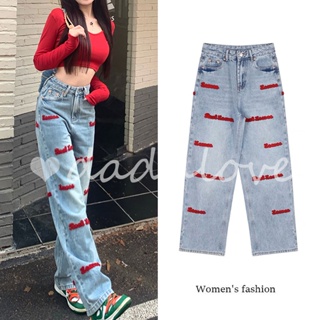 DaDulove💕 New Korean Version of Ins Small Crowd High Waist Straight Jeans Embroidery Light Color Wide Leg Pants