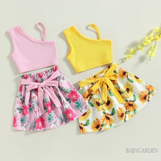 Babygarden-2-7 ปี ชุดเสื้อผ้าเด็กผู้หญิง เสื้อถักแขนกุด + กระโปรงสั้น ทรงเอ ลายดอกไม้