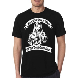 เสื้อยืดผ้าฝ้ายพิมพ์ลายคลาสสิก เสื้อยืด ผ้าฝ้าย 100% พิมพ์ลาย maria anal sex mother of god vergin holy satan telema_01