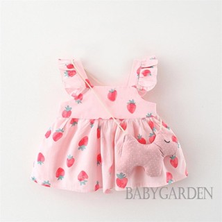 Babygarden-9m-2y ชุดเดรสแขนบิน พิมพ์ลายสตรอเบอร์รี่ ลําลอง พร้อมกระเป๋าม้าน่ารัก แฟชั่นฤดูร้อน สําหรับเด็กผู้หญิง