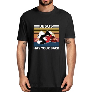 ROUND คอลูกเรือเสื้อยืดผ้าฝ้ายพิมพ์ลาย Jiu Jitsu Jesus Has Your Back Christian Satan Gift 2021 แฟชั่น Unisexn-4XL_01