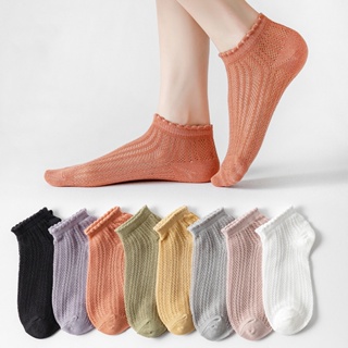 ถุงเท้าข้อสั้น ผ้าฝ้าย ผ้าตาข่าย แบบบาง ระบายอากาศได้ดี สีพื้น แฟชั่นฤดูร้อน สําหรับผู้หญิง จํานวน 5 คู่ ต่อล็อต