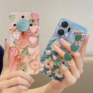 Phone Case Honor X9a X7a 5G เคส New Vintage Premium Blu-ray Rhinestone Oil Painting Flower Casing with Bracelet Soft Cover เคสโทรศัพท