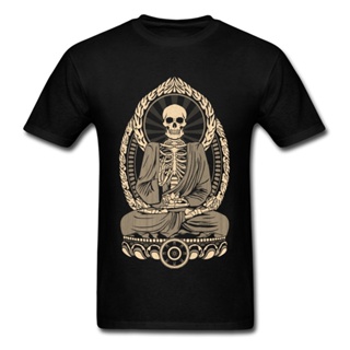 Starving Buddha Skeleton T-shirt Print Men T Shirt Aged Skull Tshirt Unique Design Adult Clothing Black Tops Cotton_04
