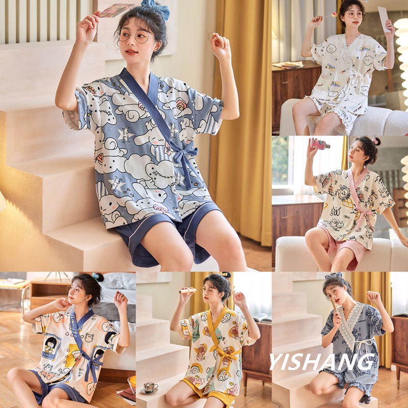 ชุดนอนกิโมโนแขนสั้น-ผ้าฝ้ายแท้-พิมพ์ลายการ์ตูนกระต่ายน่ารัก-ทรงหลวม-ขนาดใหญ่-แฟชั่นฤดูร้อน-สไตล์ญี่ปุ่น-สําหรับเด็กผู้หญิง