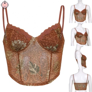 Floral Y2K Brown Crop Top Lace Frill Cute Corset Spaghetti Strap Shirt