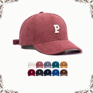 หมวกเบสบอล ผ้าลูกฟูก พิมพ์ลายตัวอักษร P ขนาดใหญ่ สไตล์เรโทร คลาสสิก สําหรับผู้ชาย และผู้หญิง นักเรียน
