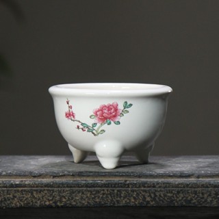 Jingdezhen กระถางดอกไม้เซรามิค เคลือบเงา ทรงกลม สามขา เพ้นท์มือ สีขาว ม่วง ดอกโบตั๋น