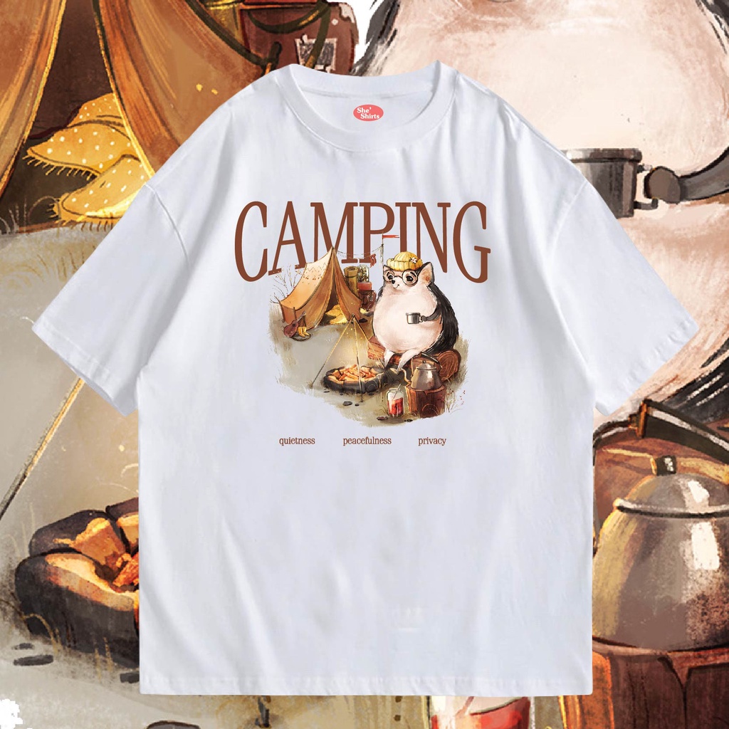พร้อมส่งเสื้อเฮีย-เสื้อ-camping-น่ารักๆ-ผ้าcotton-100-มีสองสี-ทั้งทรงปกติและ-oversize