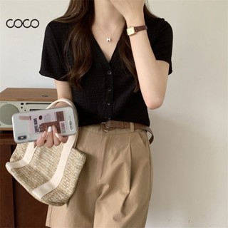 Coco~เสื้อเชิ้ต รุ่นบาง รุ่นสั้น สีทึบ สไตล์แฟชั่นเกาหลี