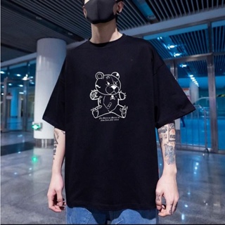 【M-3XL】Fashionable mens super large loose large size short-sleeved T-shirt original teddy bear print T-shirt coupl_02