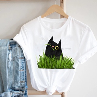 Tee Camiseta con estampado de dibujos animados para mujer, ropa con estampado de gato divertido para chica de los años 9